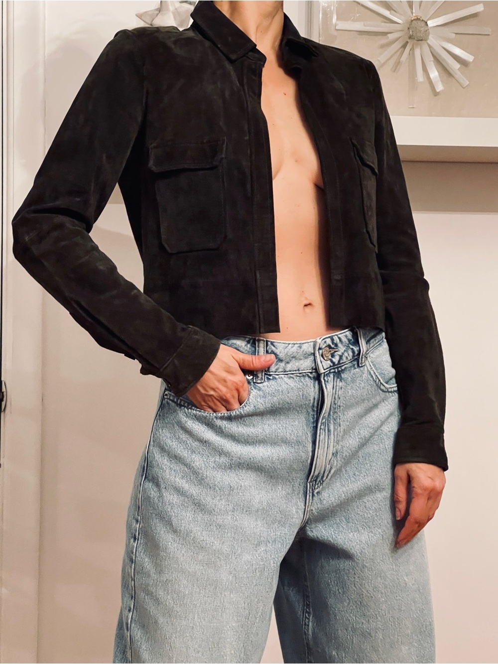 Free People Men's Black Suede Shirt Jacket